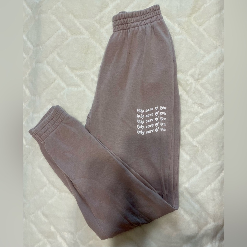VS Pink High Rise Campus Jogger - “Take Care of You” light purple joggers